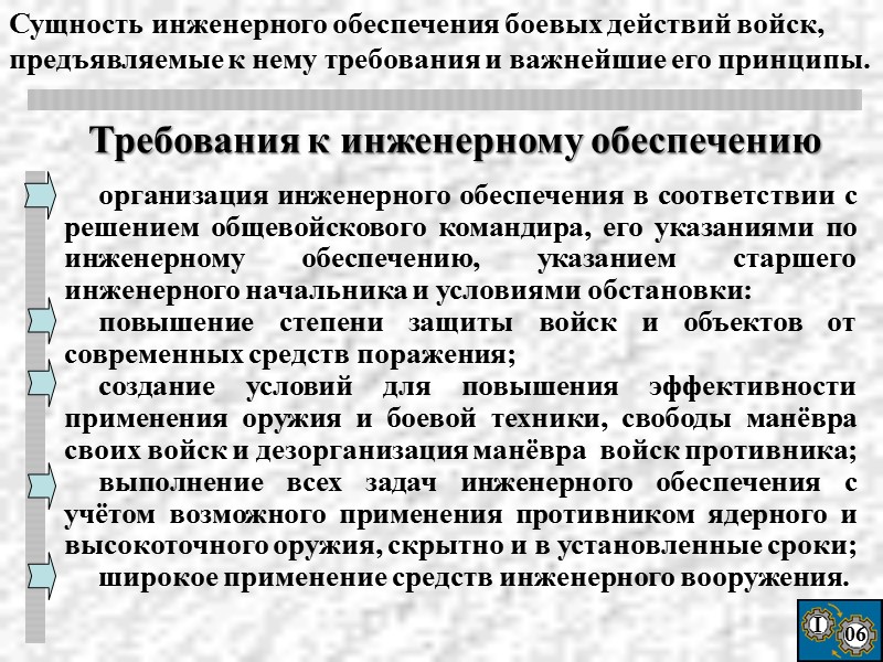 I 06  организация инженерного обеспечения в соответствии с решением общевойскового командира, его указаниями